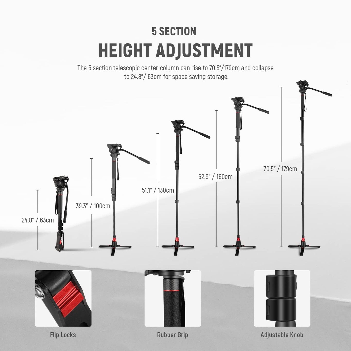 NEEWER Professional Camera Monopod with Feet, 70.5"/179cm Telescopic Portable Aluminum Travel Monopod with Pan Tilt Fluid Head and Removable Tripod Base for DSLR Camera Camcorder, Max Load 13.2lb/6Kg