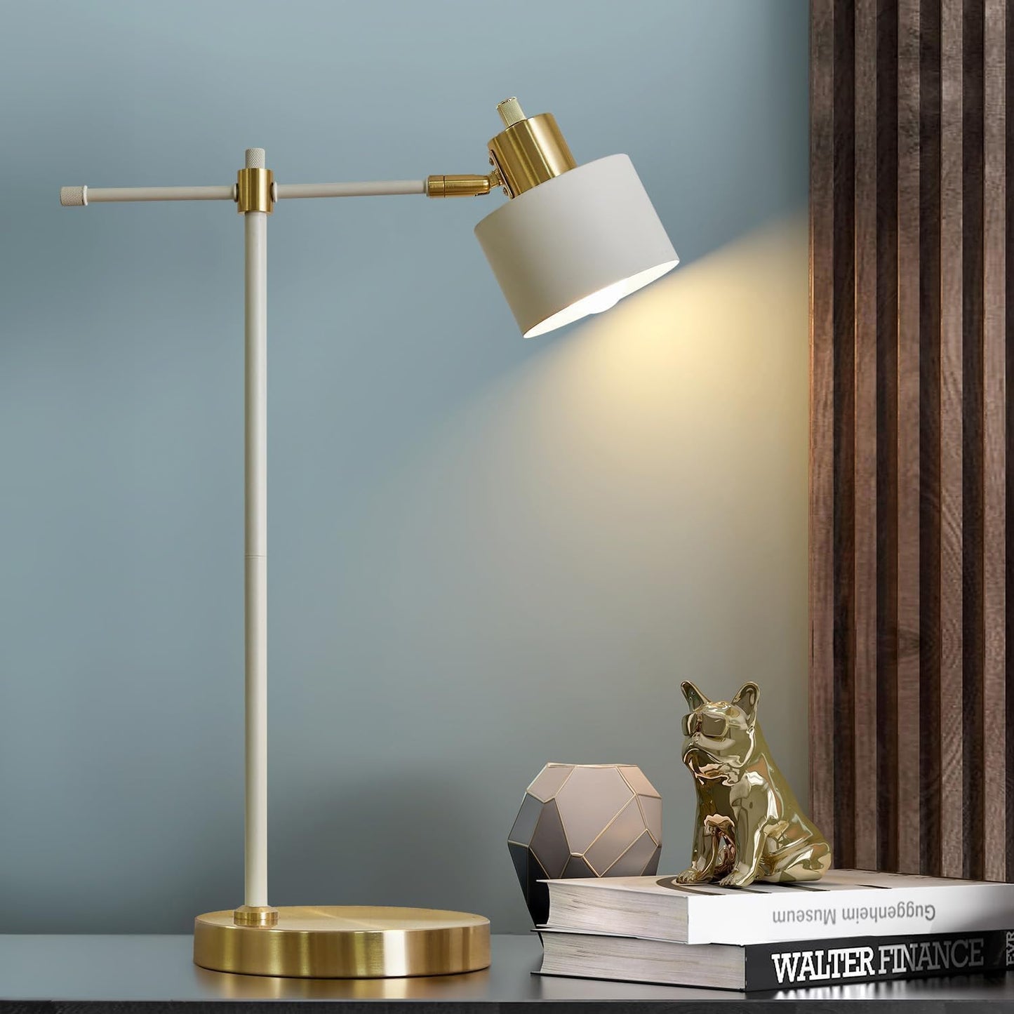 OYEARS 22.2" Modern Desk Lamp, Metal Table Lamp with LED Bulb, Adjustable Reading Lamps for Living Room, Mid Century Task Lamp for Home Office, Industrial Bedside Lamps, Cream and Gold