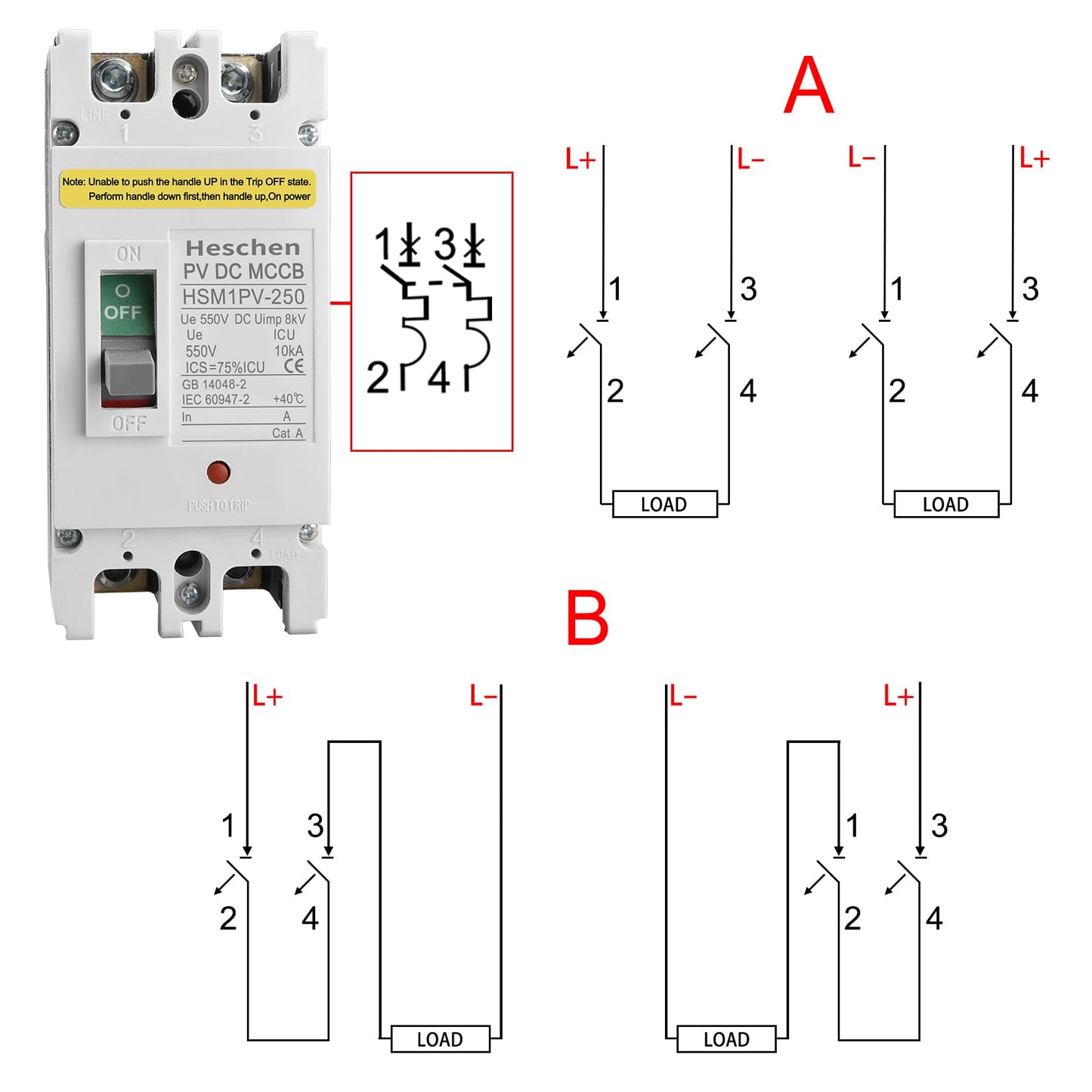 Heschen DC Molded Case Circuit Breaker MCCB, HSM1PV-250, 2 Poles, DC550V 250A, Photovoltaic Circuit Breaker, for Solar PV System Solar Panels Grid System