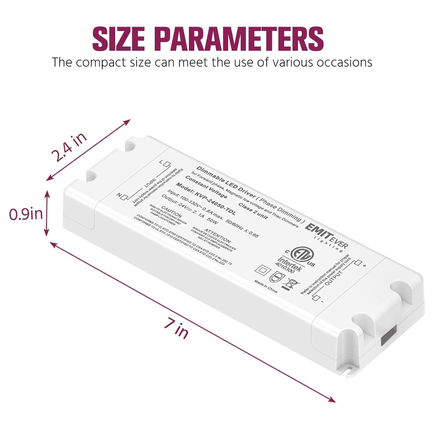 EMITEVER Triac Dimmable Driver,2 Packs 50W Power Supply,AC 120V to DC 24V Transformer,Compatible with Lutron and Leviton Dimmers,for LED Lighting,Class 2,ETL Certified