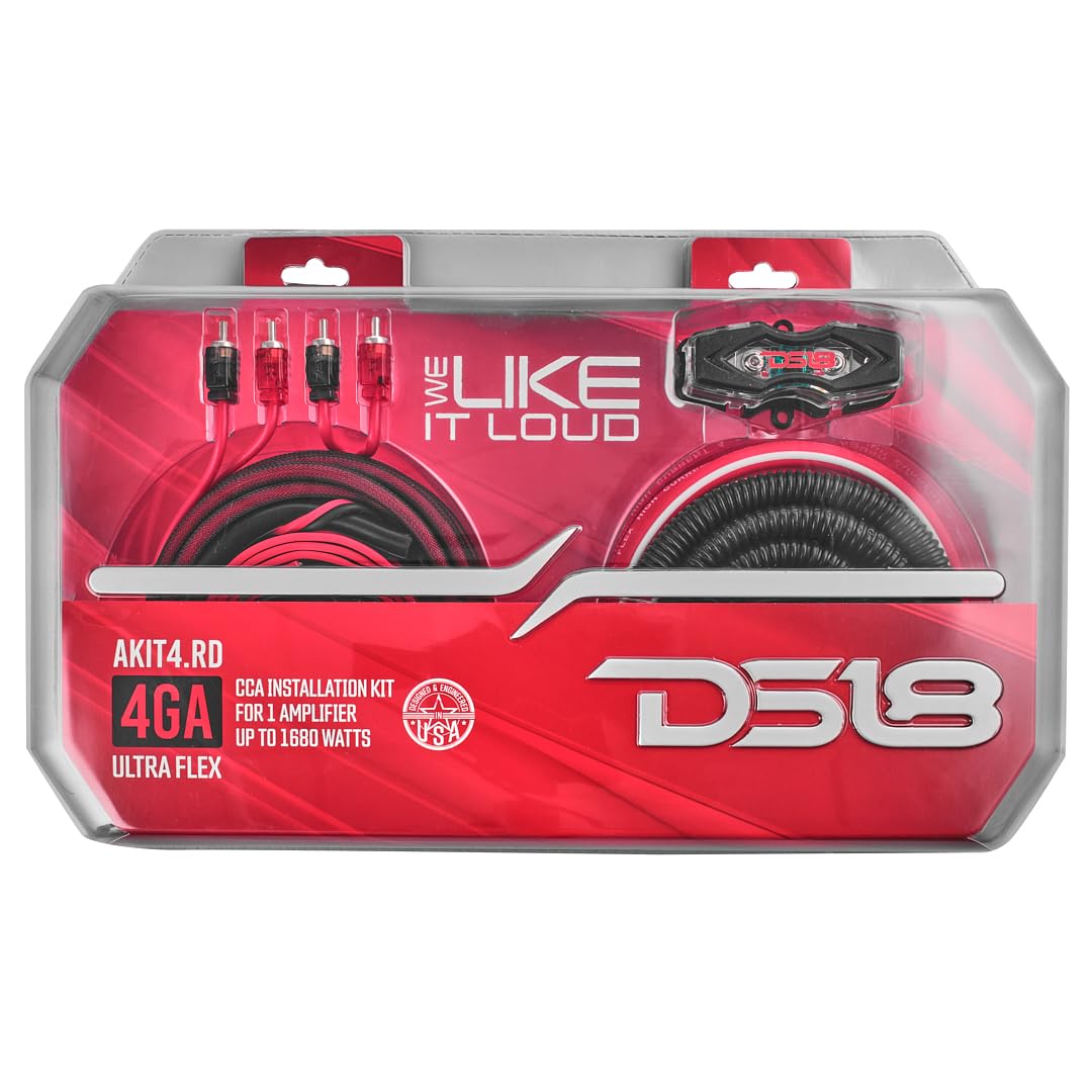 DS18 AKIT4.RD 4-GA Amplifier Installation Kit Up to 1680 Watts RMS, Mini-ANL Fuse Holder, Speaker & RCA Cables, CCA Amplifier Wiring Kit, Ultra Flex Wire, Amp Wire Kit, Amp Wiring Kit 4 Gauge - Red
