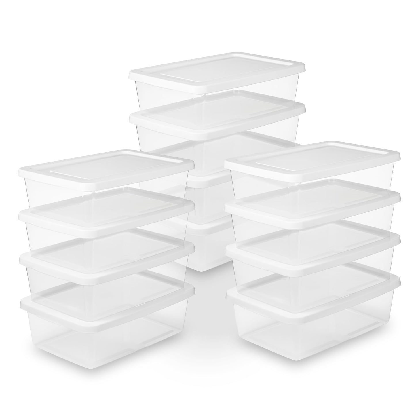 Sterilite 12-Pack Clear Storage Box, Stackable Container Bins with Lids, 12 Qt, White – Plastic Containers for Home, Closet, Bathroom, and Office Organization