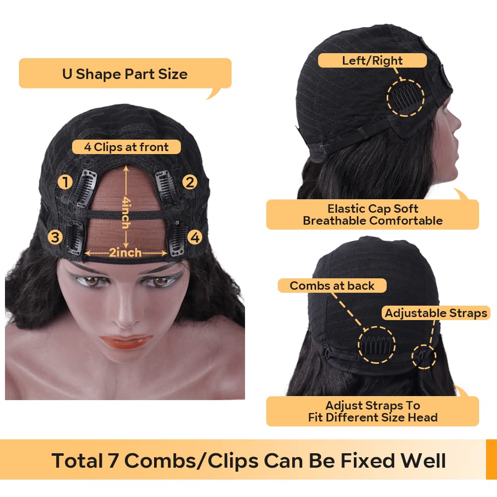 Tahikie U Part Human Hair Wig Body Wave 180% Density U Part Wig Brazilian Virgin Human Hair Wig for Black Women 10A Full Head Clip in Half Wig Glueless No Leave Out Lace Front Wig Natural Color 24inch
