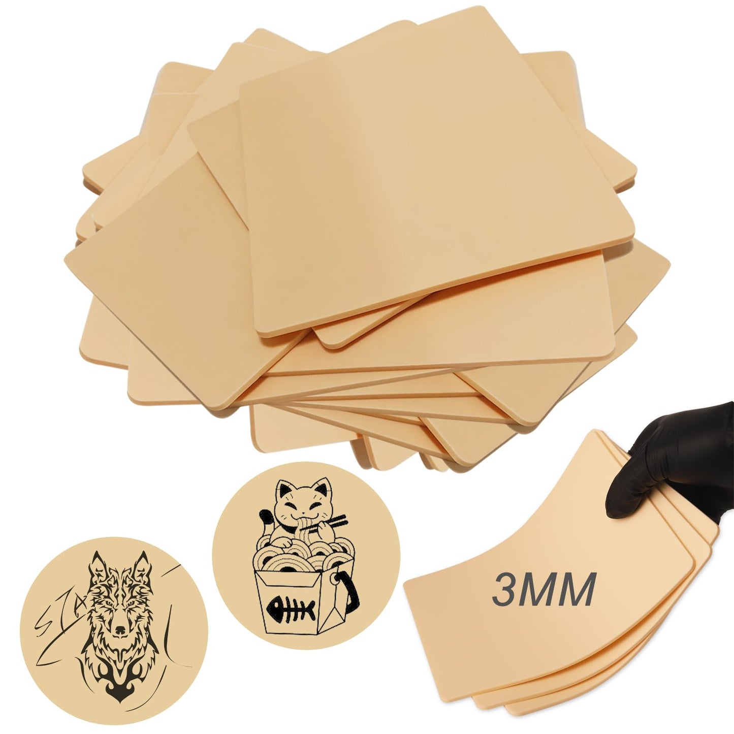 Emalla 3MM Fake Tattoo Skin - 20Pcs Thick Skin Practice Kit 7.48"x5.6" Double Sides Fake Skin Soft Silicone Practice for Beginners and Artists Tattoo Supplies