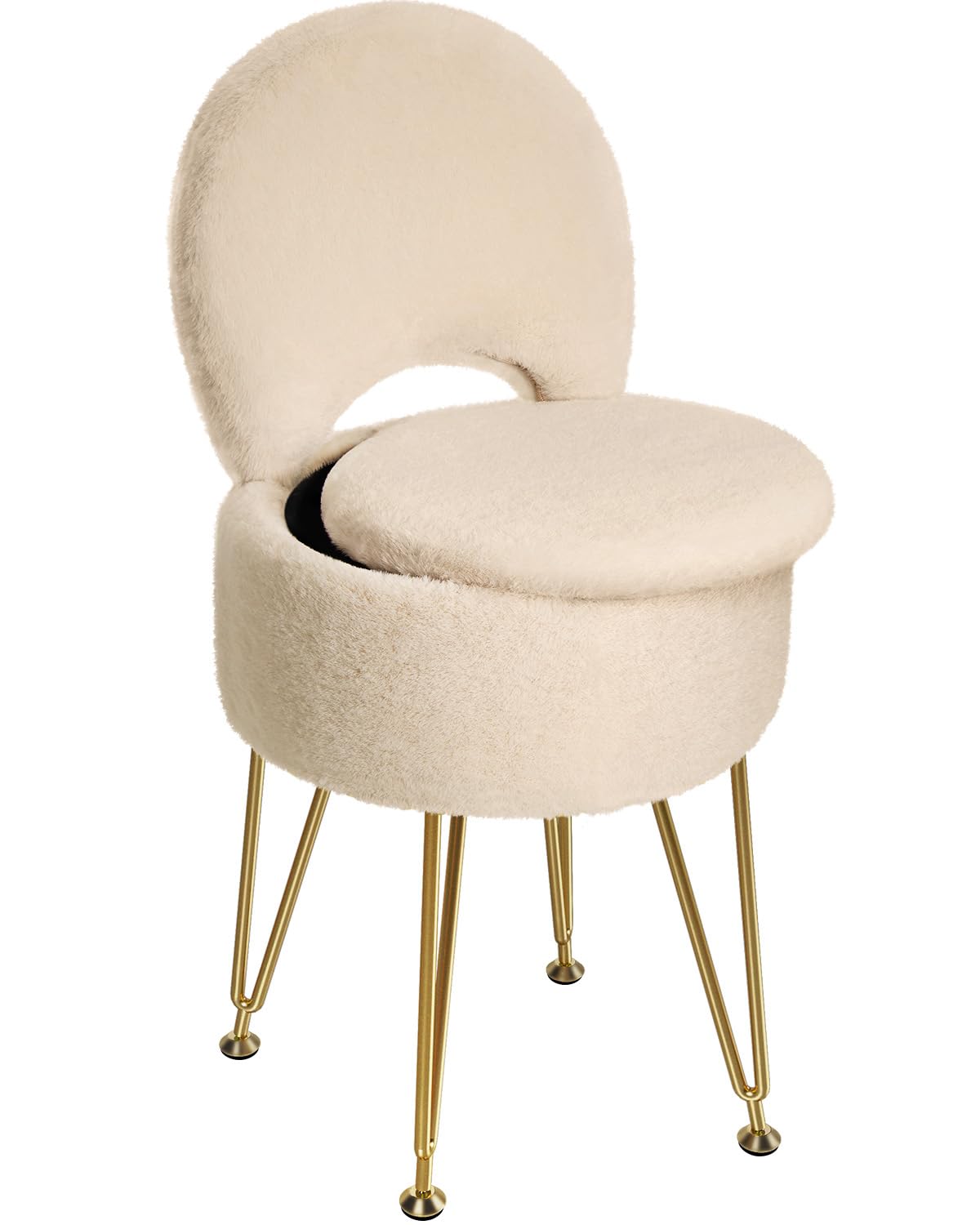 GREENSTELL Small Vanity Stool Chair with Storage and Folding Back, 13" x 13" x 17.7" Faux Fur Soft Ottoman for Teenager, 4 Metal Legs with Anti-Slip Feet, Furry Padded Seat for Makeup, Bedroom, Camel
