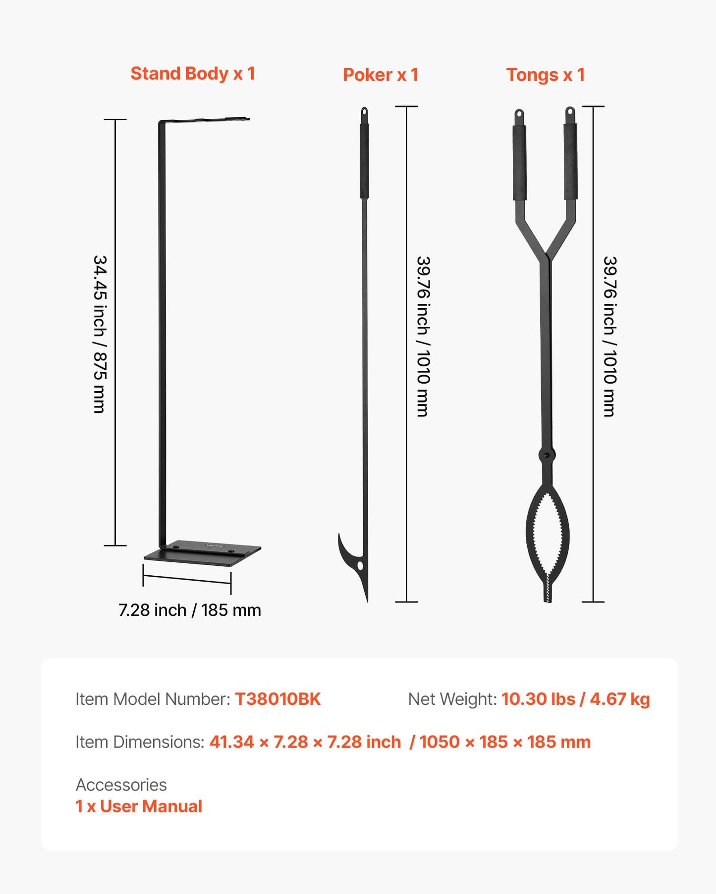 VEVOR Fireplace Tool Set, 3 PCS Fire Tool Set and Holder with Stand, Tongs, Fire Place Poker, Wrought Iron Fireplace Accessories for Campfire Backyard Bonfire Indoor/Outdoor, Black