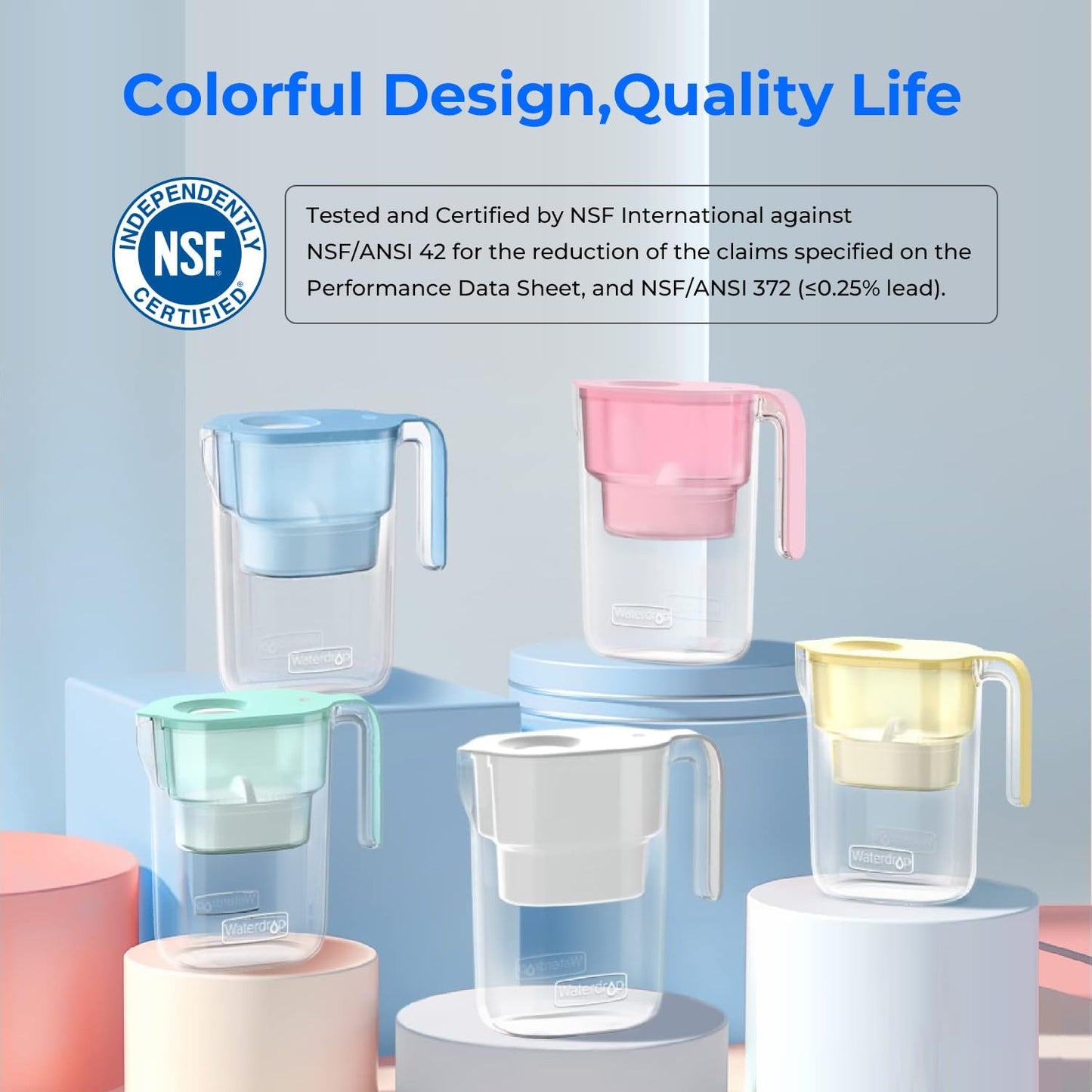 Waterdrop PT-05B Water Filter Pitcher with 3 Filters, 7-Cup Capacity, NSF Certified, 5X Longer Filter Life, Up to 600 Gallons, Fridge-Friendly Design, Reduces PFOA/PFOS and Chlorine, Blue