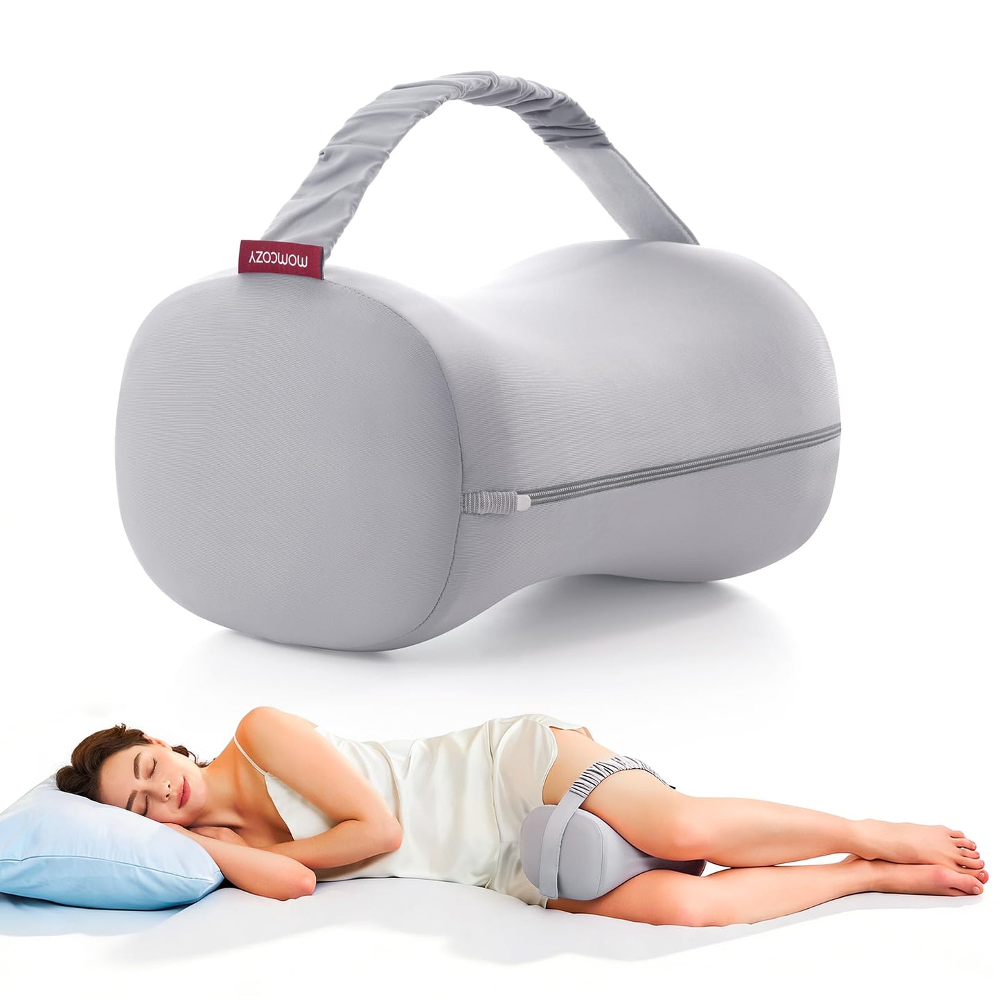 Momcozy Knee Pillow for Side Sleepers, Soft Memory Foam & Pinch-Free Design, Relieve Knee, Leg and Sciatica Pain, Adjustable Elastic Strap Ideal for Pregnant Women and Seniors, Cooling Cover, Gray