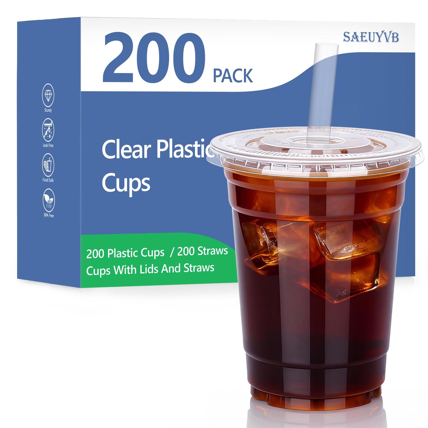SAEUYVB 200 Pack - 16 oz Clear Plastic Cups with Lids and Straws,Disposable Iced Coffee Cups with Lids for Smoothie,Milkshake,Cold Drinks,Sturdy&Food Safe Disposable Clear Plastic Cups
