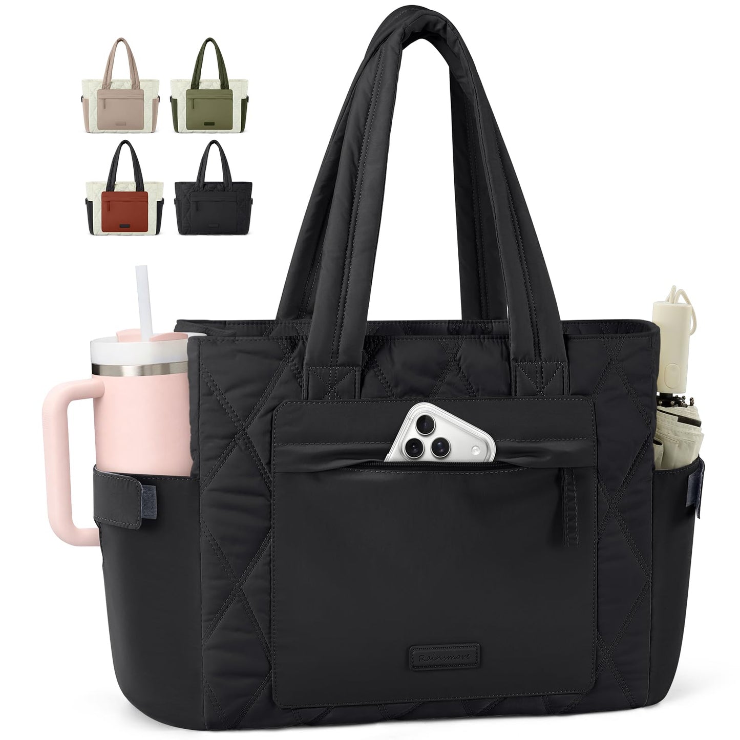 RAINSMORE Work Tote Bag for Women, 15.6 Inch Puffer Laptop Bag, Lightweight Quilted Travel Tote Bags for Teacher Nurse, Large Computer Handbag with 40oz Water Bottle &19 Pockets, Black