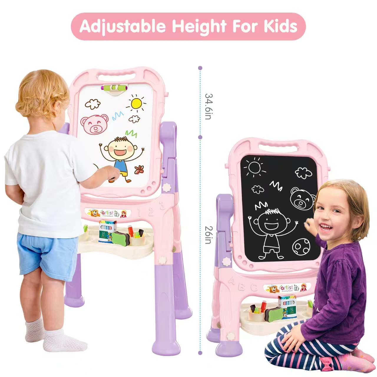 Amagoing Easel for Kids, Adjustable Standing Art Easel for Toddler, Double Side Magnetic Chalk Board with Painting Accessories, Birthday Christmas Gift for Little Boys and Girls Age 3-5, Pink