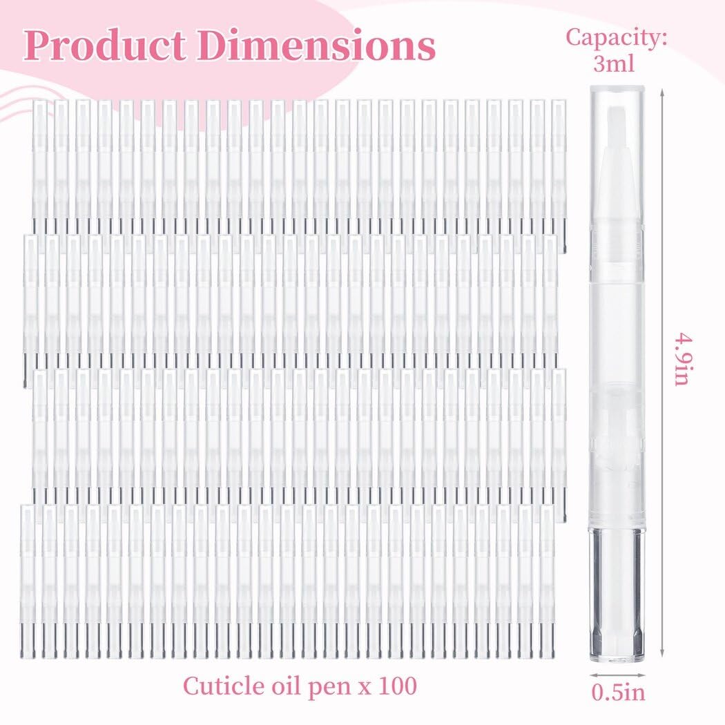 Toyosport 100PCS Empty Cuticle Oil Pen Refillable Transparent Twist Pens 3ml, Empty Nail Oil Pen with Brush Tip, Eyelash Growth Liquid Tube, Cosmetic Lip Gloss Container Applicators