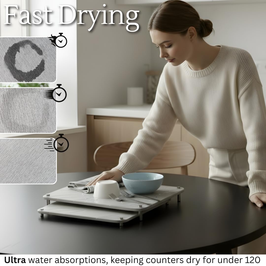 2 PCs Nesting Stone Drying Mat for Kitchen Counter - Fast, Heat Resistant Stone Dish Drying Mat with Non-Slip Feet