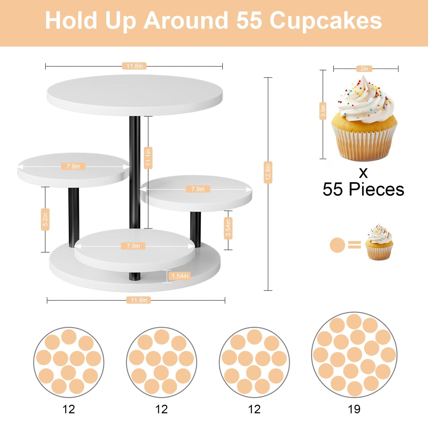 FZGhome Dessert Stands for 50 Cupcakes 360°Rotating Wood Cupcake Stands Wedding Cake Stand 4 Tiered Cookie Serving Trays for Party Birthday Baby shower Afternoon Tea Dessert Table, White