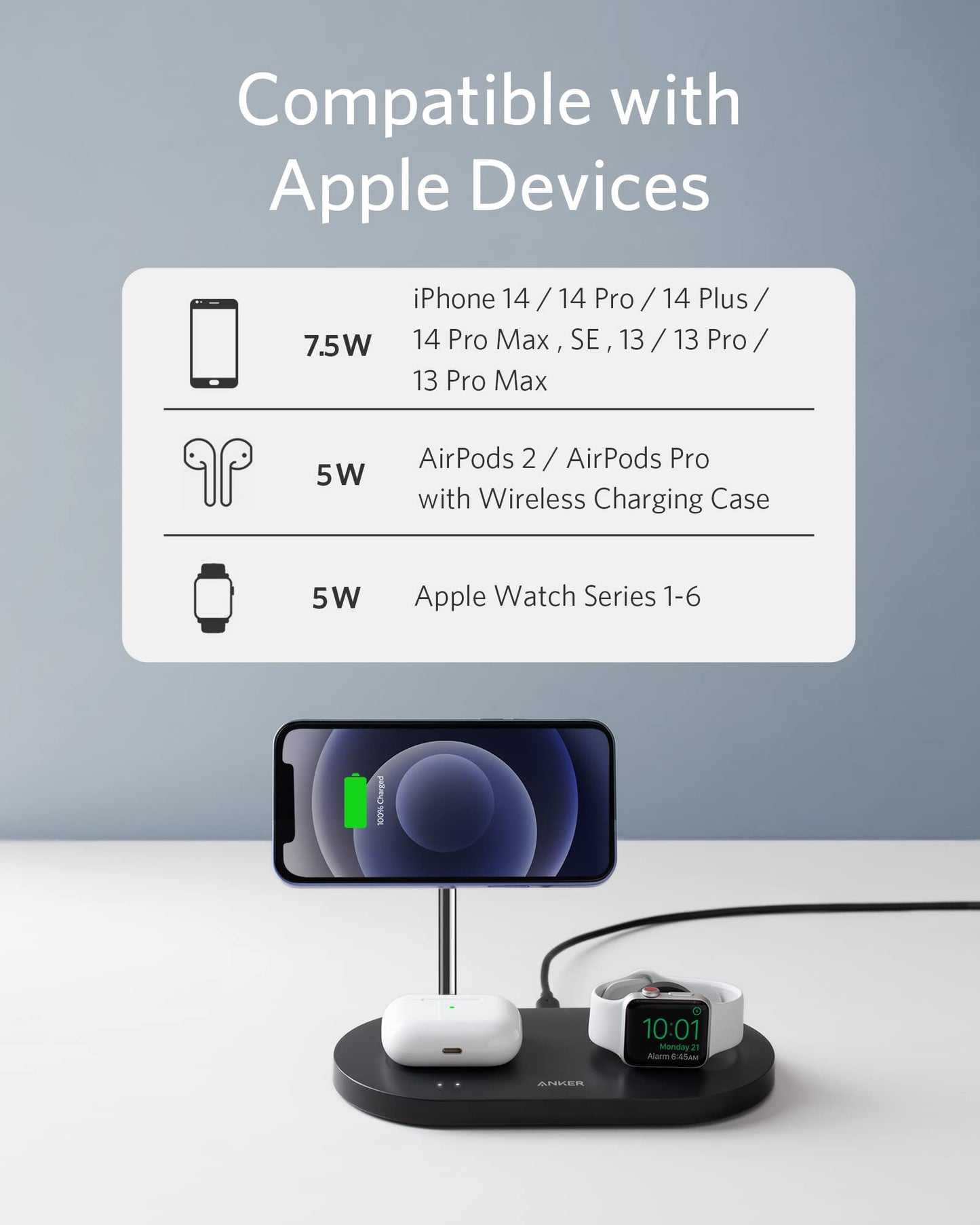 Anker Wireless Charging Station & 20W Charger, 533 Magnetic Wireless Charger (3-in-1 Stand), 5ft USB-C Cable, For iPhone 14 Series, AirPods 3/2/Pro, Apple Watch 1-6 (Watch Cable Not Included)