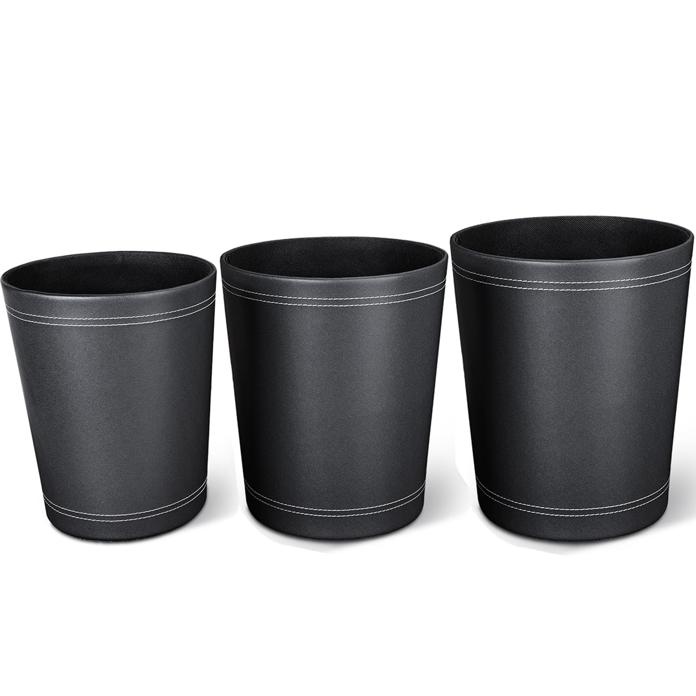 KINGFOM 3 Pack PU Leather Small Office Trash Can Wastebasket, Round Garbage Container Bin for Bathrooms, Powder Rooms, Kitchens, Home, Bedroom, High-Class Hotel, Black