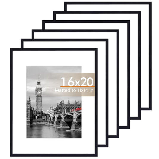 Fixwal 16x20 Picture Frame Set of 6 with Shatter Resistant Plastic Cover, Thin Border Light Weight Poster Frames for Wall Gallery Display, Black