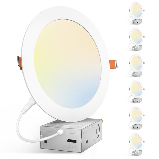 Amico 6 Pack 7 Inch 5CCT Ultra-Thin LED Canless Recessed Ceiling Light with Junction Box, 2700K/3000K/3500K/4000K/5000K Selectable, 15W=100W, 1300LM High Brightness, Dimmable Wafer Downlight-ETL&FCC