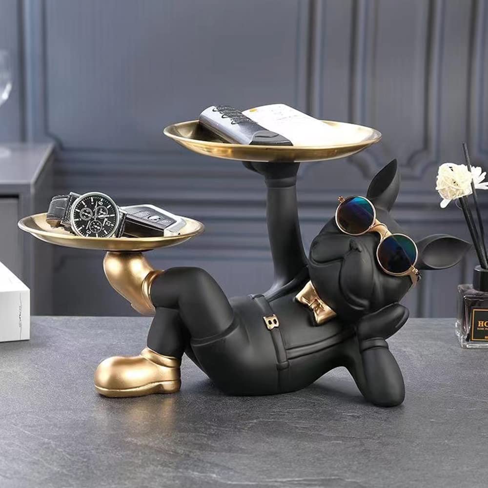 BAOJULONG Cool Resin Dog Statue with 2 Trays and Cute Glasses Black French Bulldog Figurine Ornaments Animal Sculptures Home Decor Anniversary Thanksgiving Christmas Birthday Gifts