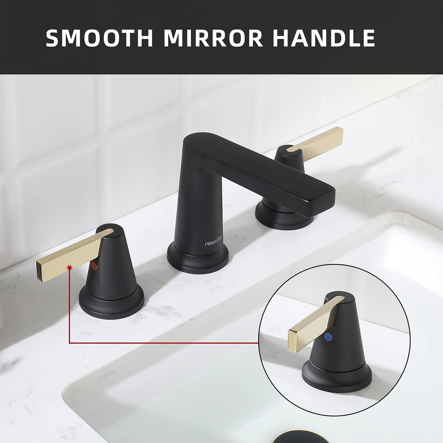 NEWATER Matte Black Brass Bathroom Faucet，2-Handle 8-Inch Widespread Modern Bath Black Bathroom Sink Faucet 3-Hole Rv 8" Vanity Faucets with Metal Pop-up Sink Drain & Faucet Supply Lines