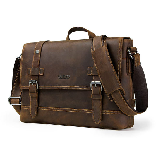 Contacts Crazy Horse Leather Messenger Bag for Men 12 Inch Laptop Briefcase Computer Shoulder Bag Travel Business (Brown)