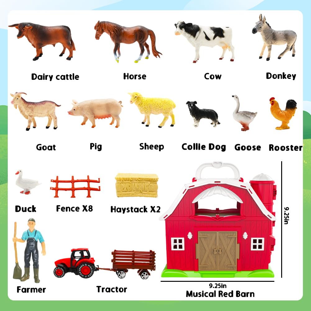Red Barn Toys for Toddlers 1-3, Farm Animal Figures Playset with Tractor for 2 3 4 5 Year Old Kids, Musical Preschool Montessori STEM Learning Toys, Christmas Birthday Easter Gift for Boys Girls