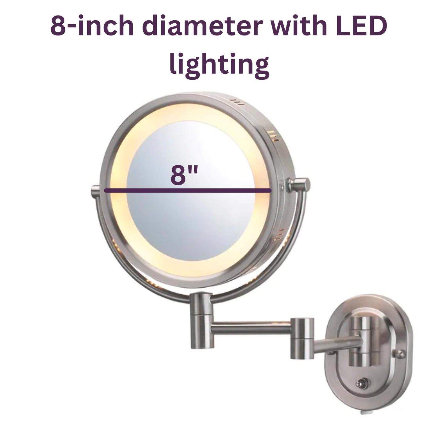 JERDON Two-Sided Wall-Mounted Makeup Mirror with Halo Lighting - Lighted Makeup Mirror with 5X Magnification & Wall-Mount Arm - Plug in Round Mirror with Nickel Finish Wall Mount - Model HL65N