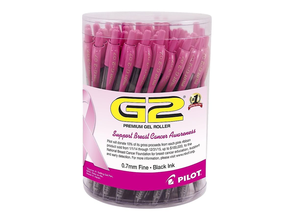 Pilot G2 Breast Cancer Awareness Collection Refillable & Retractable Rolling Ball Gel Pens, Fine Point, 0.7 mm, Black Ink Pens, 48-Pack Tub