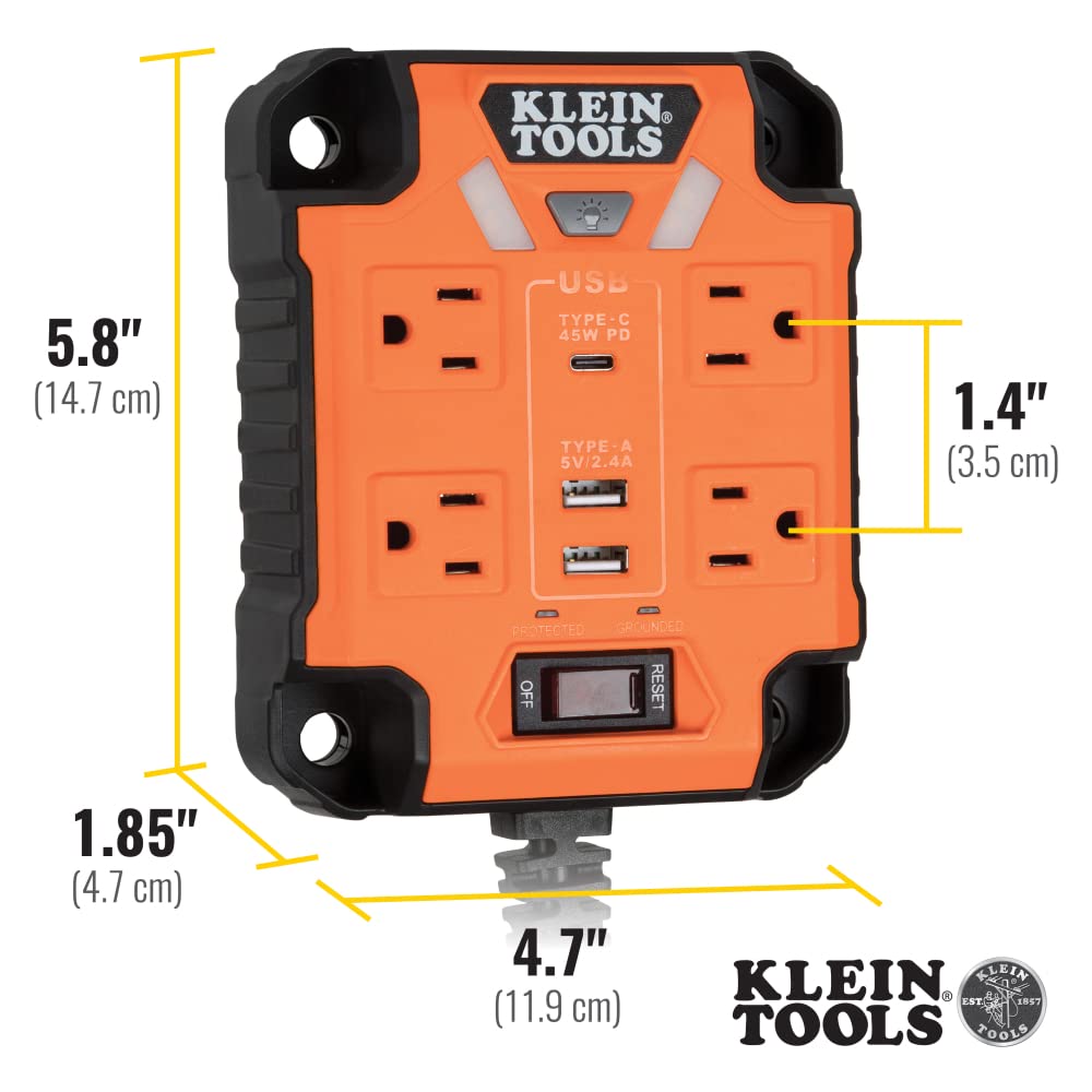 Klein Tools 29601 Magnetic Power Strip with Surge Protector, Extension Cord, 4 Outlets, 3 USB Ports, 5-Foot Cord, Power Supply Box with Light, PowerBox 1, Heavy Duty