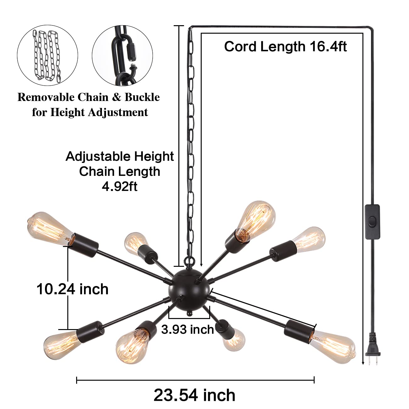LASENCHOO 8 Lights Plug in Chandelier,Hanging Lights with Plug in Cord 16.4ft & On/Off Switch,Black Plug in Pendant Light,Modern Sputnik Chandeliers for Dining Room Living Room Bedroom Kitchen Island