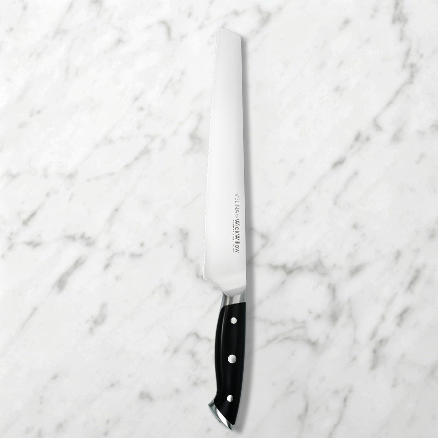 WICKWILLOW Velina 10-Inch Serrated Bread Knife - German X50CrMoV15 Steel, Full Tang, Razor-Sharp Wavy Edge for Sourdough, Artisan Bread, Bagels, Cakes & Sandwich Loaves - Gift Boxed for Home Bakers