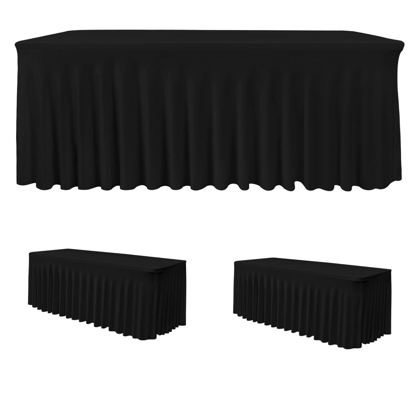 HolidayIdeas Black 8ft Rectangle Spandex Tablecloth 2 Pack Fitted Stretch Table Skirts 30x96 Inch, Ruffle Design Wrinkle-Free Polyester Table Cover for Banquets,Trade Shows, Parties, Events
