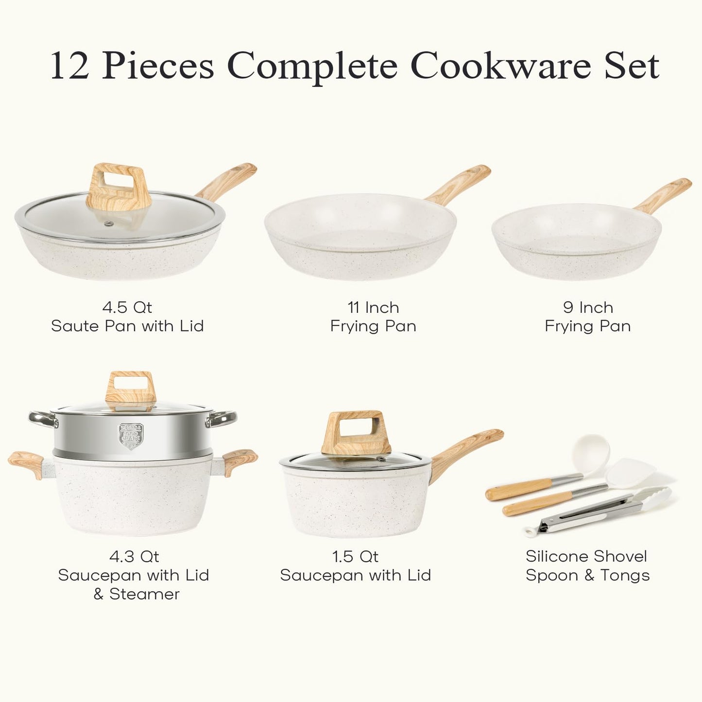SODAY 12 Pcs Pots and Pans Set, Nonstick Cookware Sets White Granite Induction Cookware, Non-toxic Healthy Non Stick Kitchen Cooking Set with Frying Pans Set, Saucepans,Steamer (PFAS, PFOA, PFOS Free)