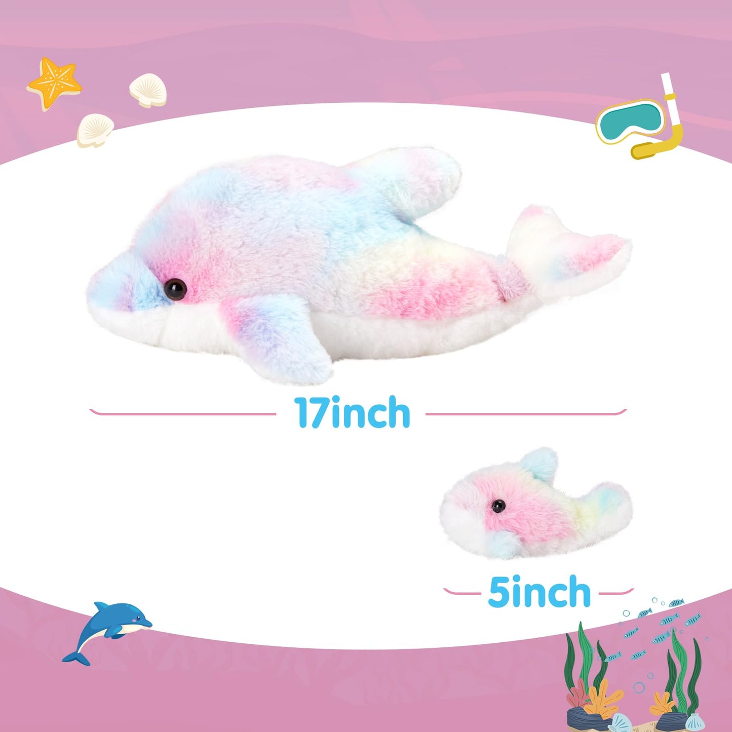 WEWILL 17" Mommy with 4 Babies Rainbow Dolphin Stuffed Animals with Babies Soft Cuddly Colorful Plush Toy Christmas Birthday Gifts for Boys Girls Kids