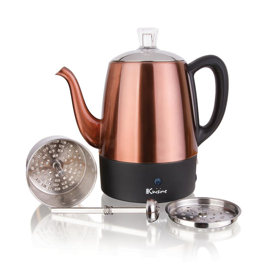 Euro Cuisine PER04 Stainless Steel Electric Coffee Percolator, 4 Cup, Polished Copper Finish, Dripless Gooseneck Spout, Clear Glass Knob, Brewing Indication, Keep-Warm Function, Detachable Cord