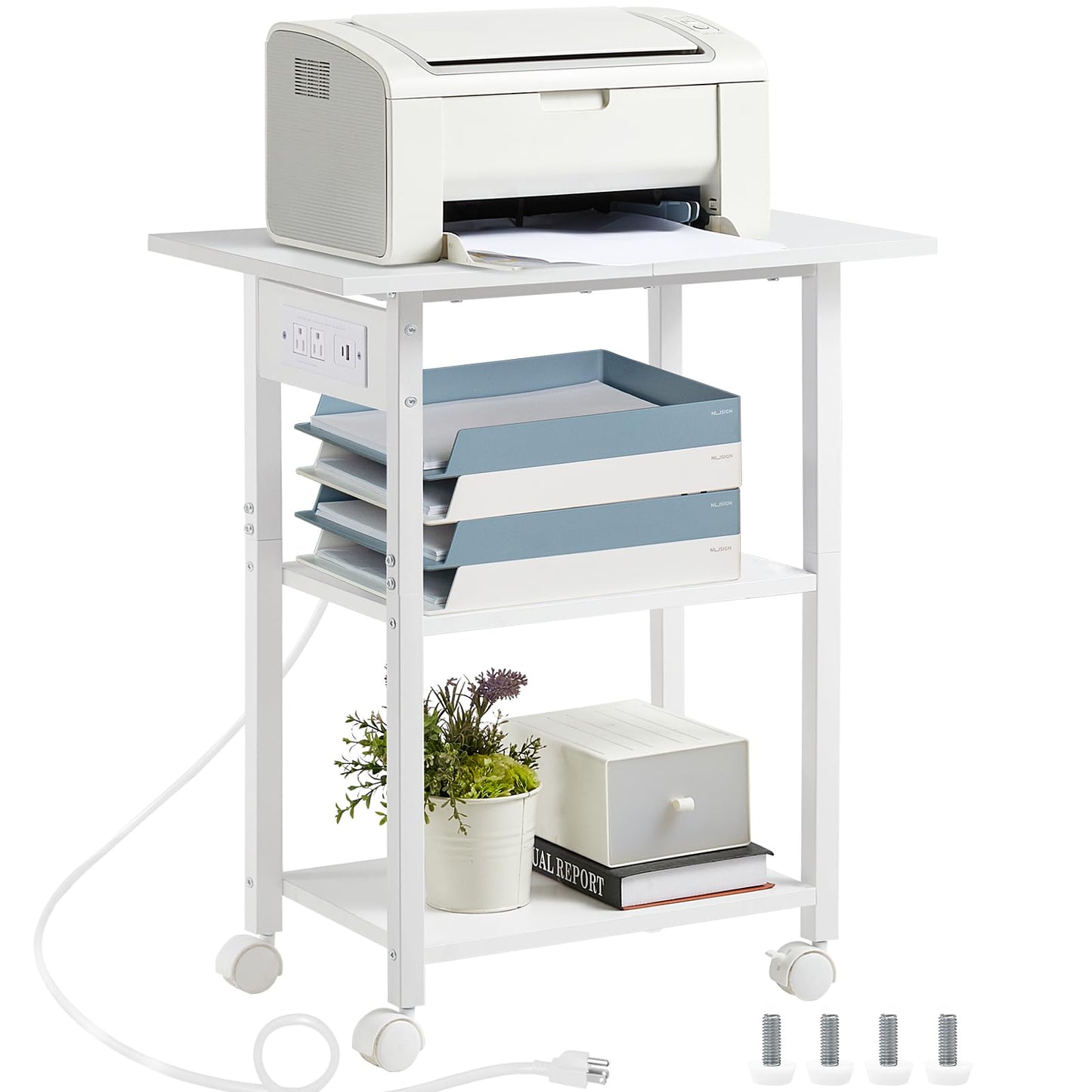 Lerliuo 3-Tier Printer Stand with Charging Station, Industrial Mobile Printer Table with Storage Shelf and Steel Frame, Rolling Printer Cart Holder with Lockable Wheels for Home, Office (White)