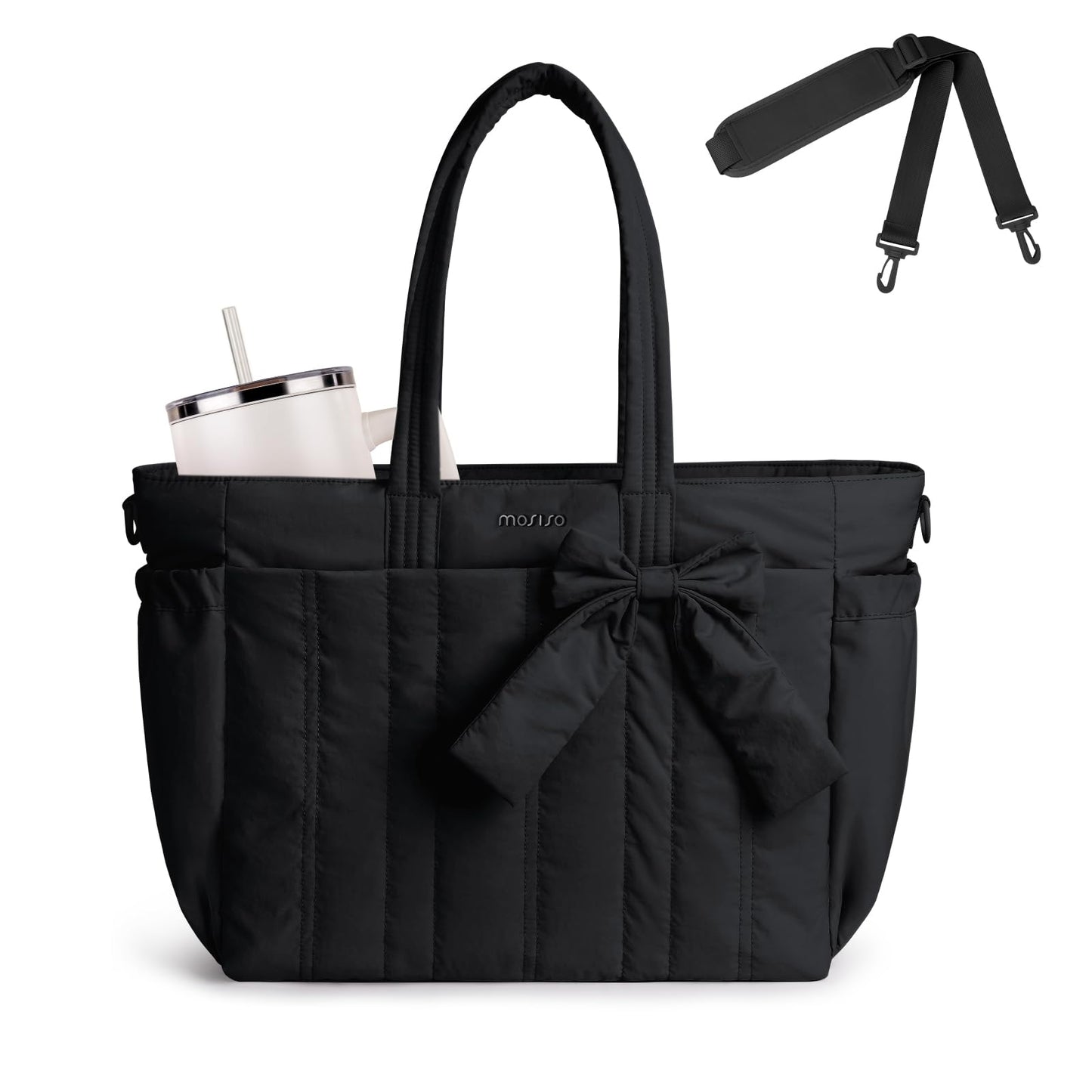 MOSISO Tote Bag for Women, Laptop Bags Handbag Work Tote Bag with Cup Holder & Bownot & 15-16 inch Laptop Compartment for Travel Work School, Lightweight Puffer Tote Bags with Trolley Sleeve, Black