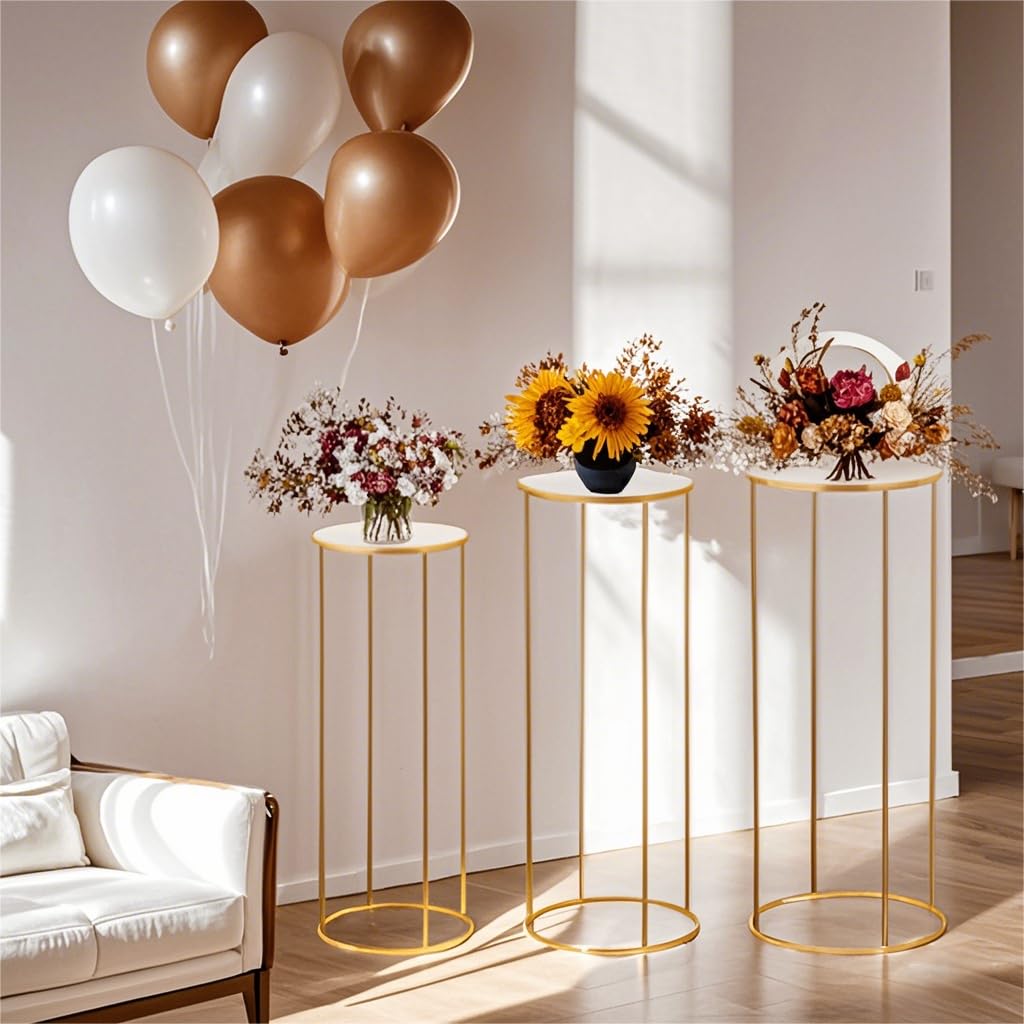 Tectsia 3pcs Metal Cylinder Pedestal Stand for Party, Cilindros Para Decoraciones De Fiestas, Round Cake Pedestal Tables for Wedding Display, Event Decor with Floral Plant, Birthday Backdrop- Gold