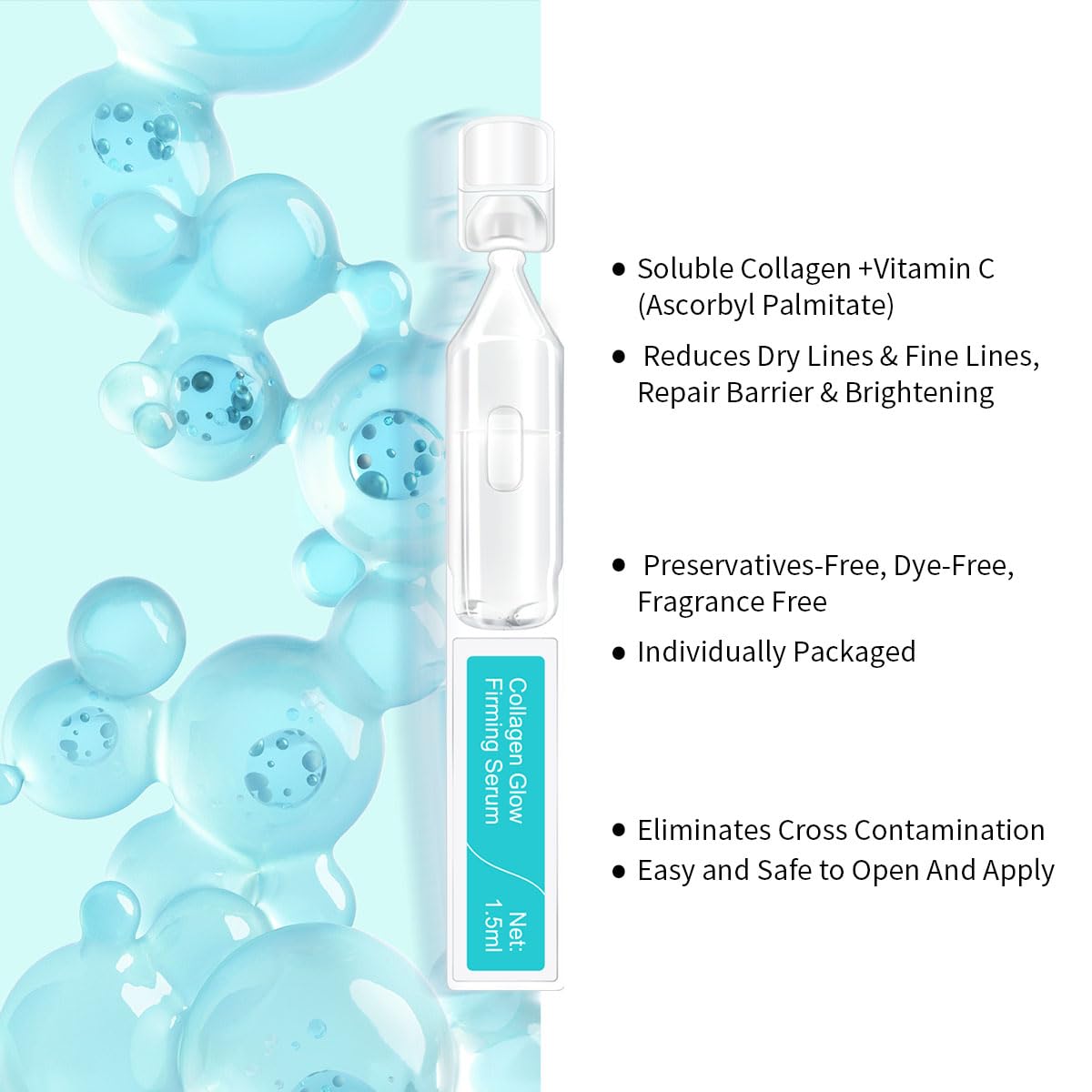 BACHERI Collagen Glow Firming Face Serum Ampoule with Soluble Collagen, for reducing dry & fine lines, brightening & Hydrating Facial Serum with Centella Asiatica Extract, 30 Pcs/Box