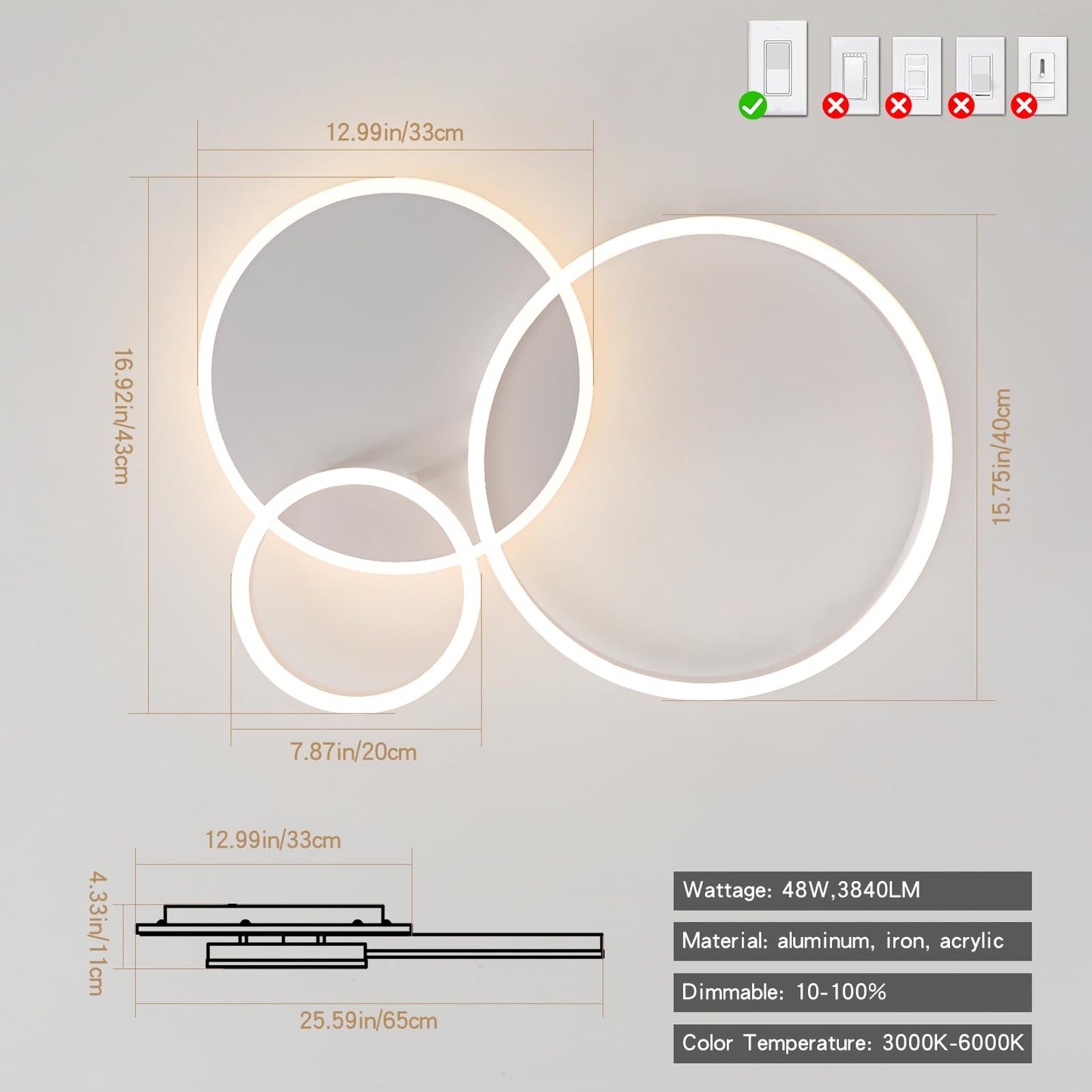 O'NEELDY Modern 3 Ring LED Chandelier Lamp Fixture White 25.59''Dimmable Acrylic Flush Mount Ceiling Lights with Remote Control Ideal for Small Room, Kitchen, Bedroom