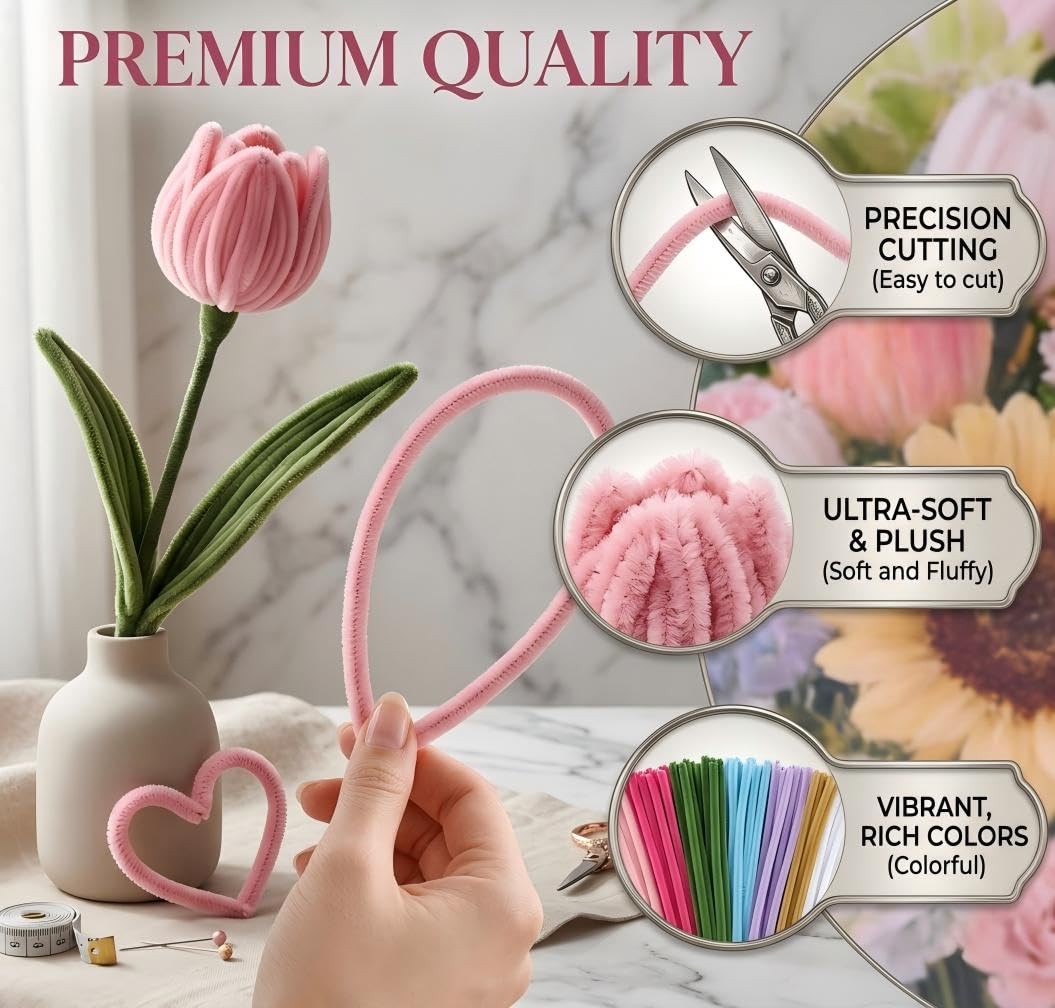 700 Pieces Pipe Cleaner Flower Kit, 12 Colors Chenille Stems Craft Kit with Floral Wire, Tape, Stamen, Ribbon, Pearls & Wrapping Paper, DIY Pipe Cleaner Flowers for Crafts, Gifts, School Projects