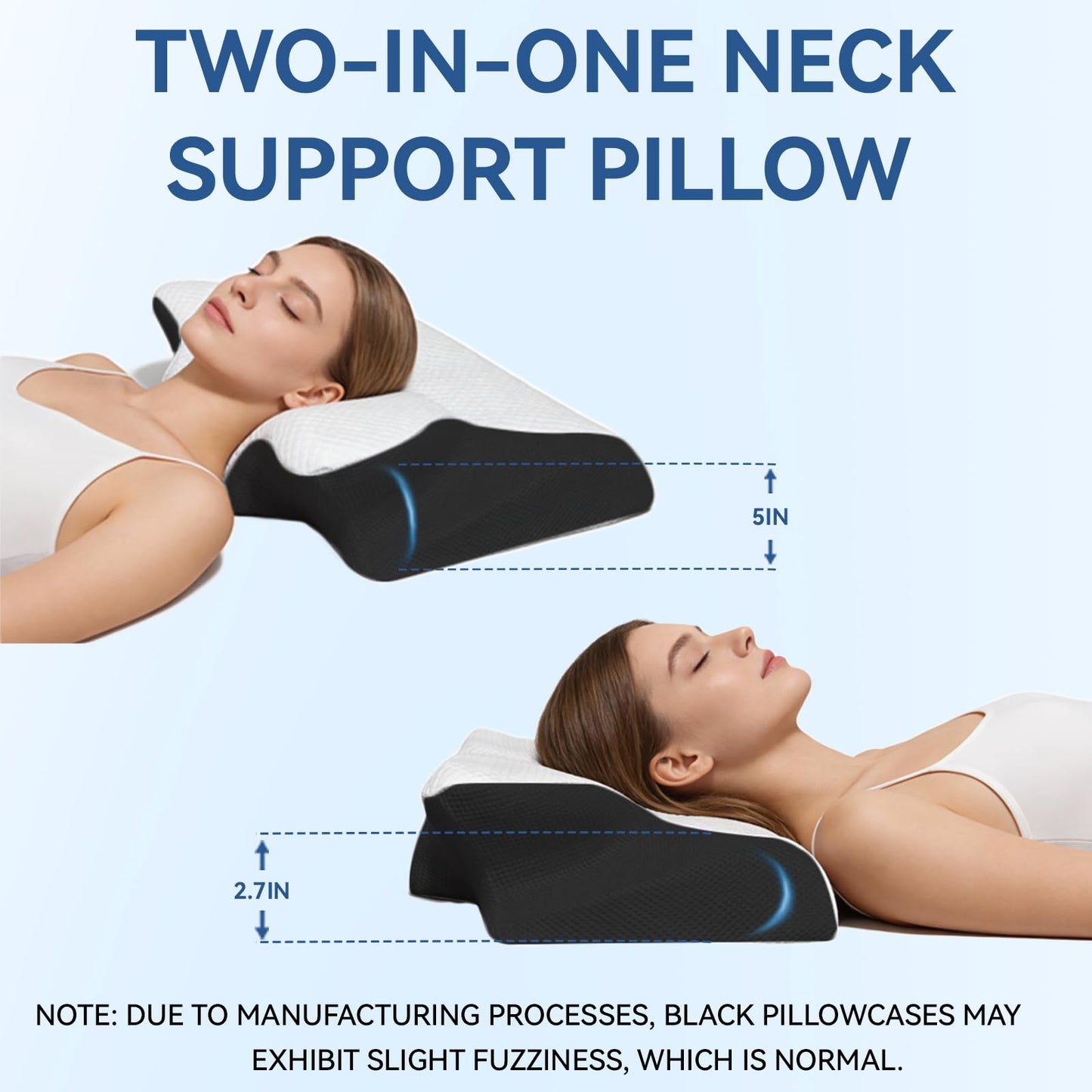 Keaolotay Cervical Neck Pillow, Contour Memory Foam Orthopedic Pillow, Double-Sided Neck Support Pillow for Neck Pain Relief, with Pillowcase for Back Side Stomach Sleepers(Black)