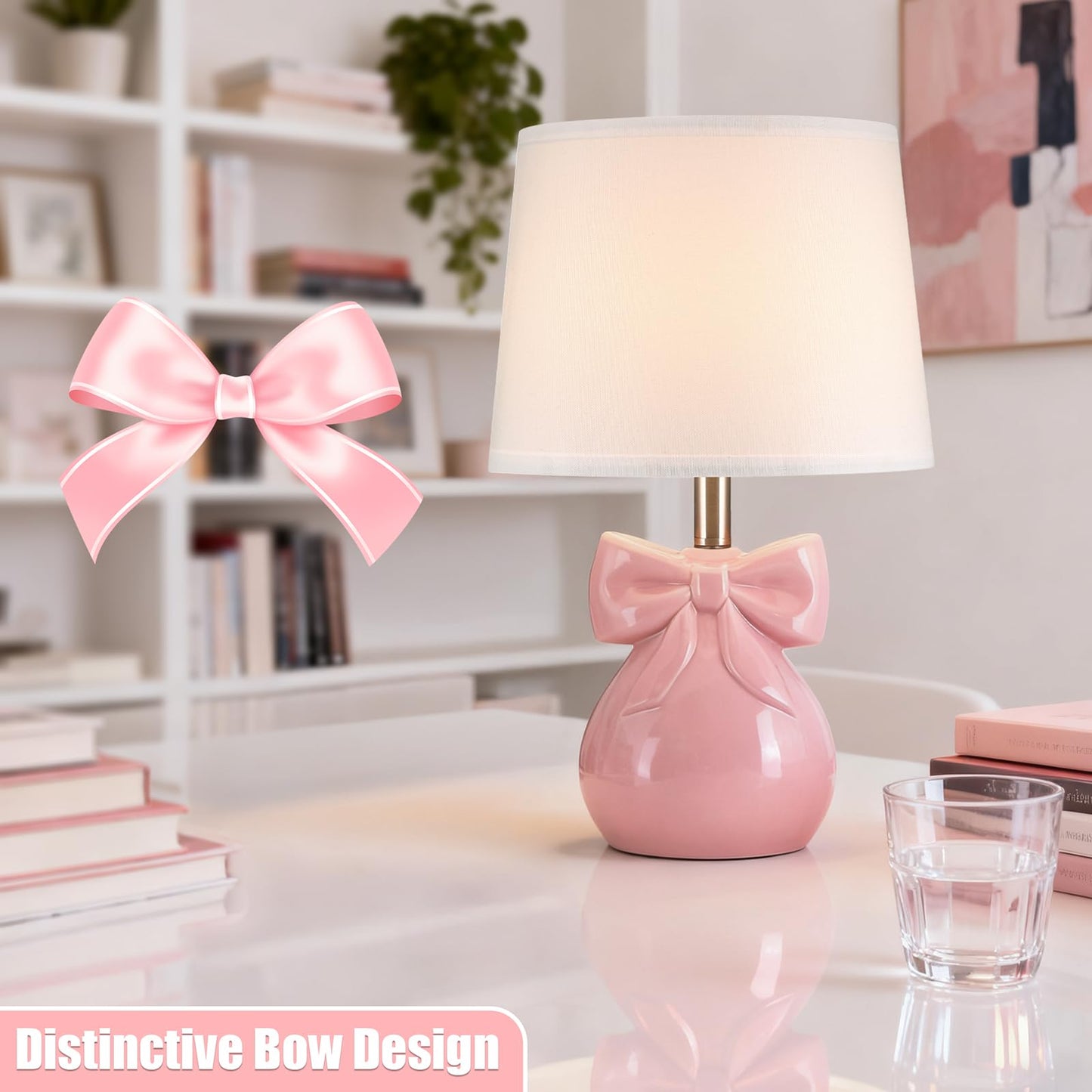 Hapcrea Pink Bow Table Lamp for Girl's Room, 19" Ceramic Cute Lamp for Bedroom, Classic Bedside Lamp for Nightstand, Modern Table Lamp for Living Room with Rotary Swtich (Bulb Included)