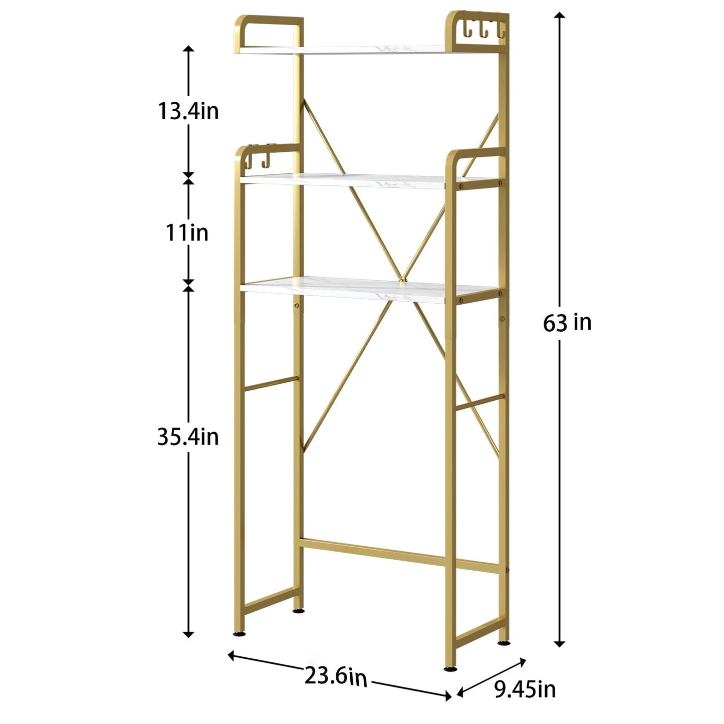 Over The Toilet Storage Rack with 3-Tier Shelves, Space Saver Toilet Shelf, Laundry Organizer with Hooks for Over Toilet Storage and Space Saver (White & Gold)