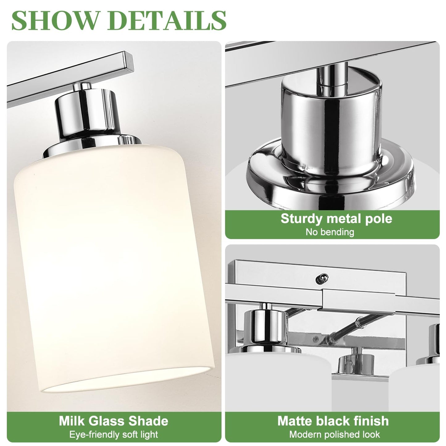 4-Light Vanity Light with Milky White Shades, Chrome Bathroom Lighting Fixtures Over Mirror, Modern Bathroom Wall Lamp for Mirror Living Room Cabinet Bedroom