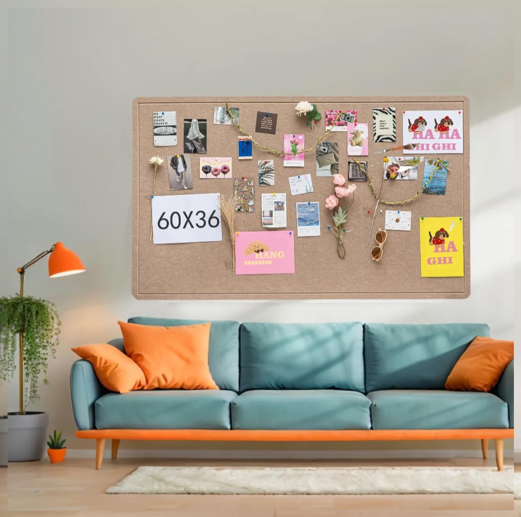 DexBoard Foldable Large Felt Bulletin Board for Wall 60"x 36", Decorative Picture Framed Display Board with Self-Adhesive Tape for School, Home, Kitchen & Office Walls, Includes 30 Pins, Oatmeal