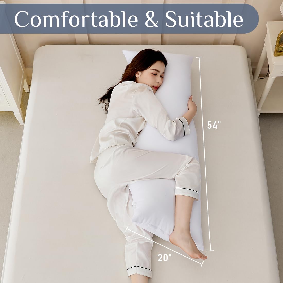 Leeden Full Body Pillow for Adults, Firm and Fluffy Long Pillow Insert, Breathable Pillow for Side Sleepers and Bed Support，20x54 White