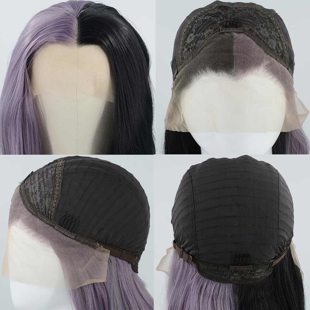 ZHYWIGS Synthetic Lace Front Wigs Long Highlight Purple Black Split Hair Heat Resistant Half Black Purple Side Part 24Inch Long Party Wigs