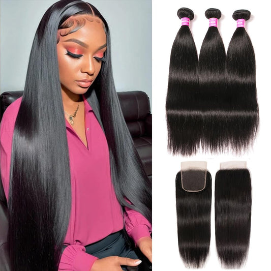 10A Straight Bundles with Closure Human Hair 20 22 24+18 Brazilian Human Hair Bundles with Closure 100% Unprocessed Virgin Straight Hair Weave 3 Bundles with Lace Closure 4x4 Free Part Natural Color