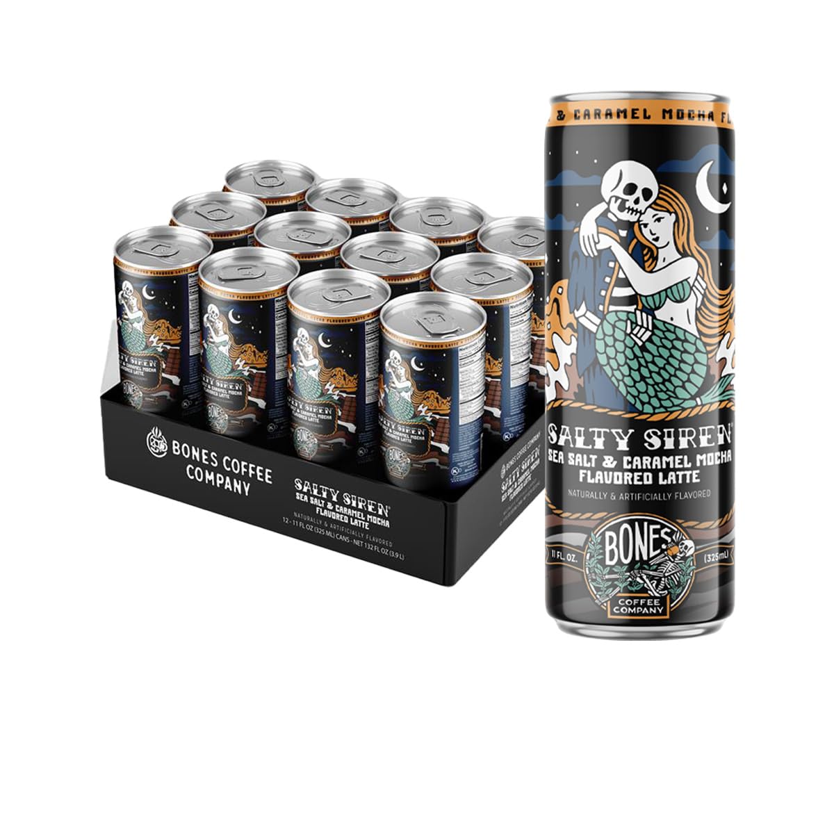 Bones Coffee Company Salty Siren Latte Flavored Coffee, Medium Roast Ready To Drink Iced Coffee in Can, 11 Fl Oz Can (12 Pack)